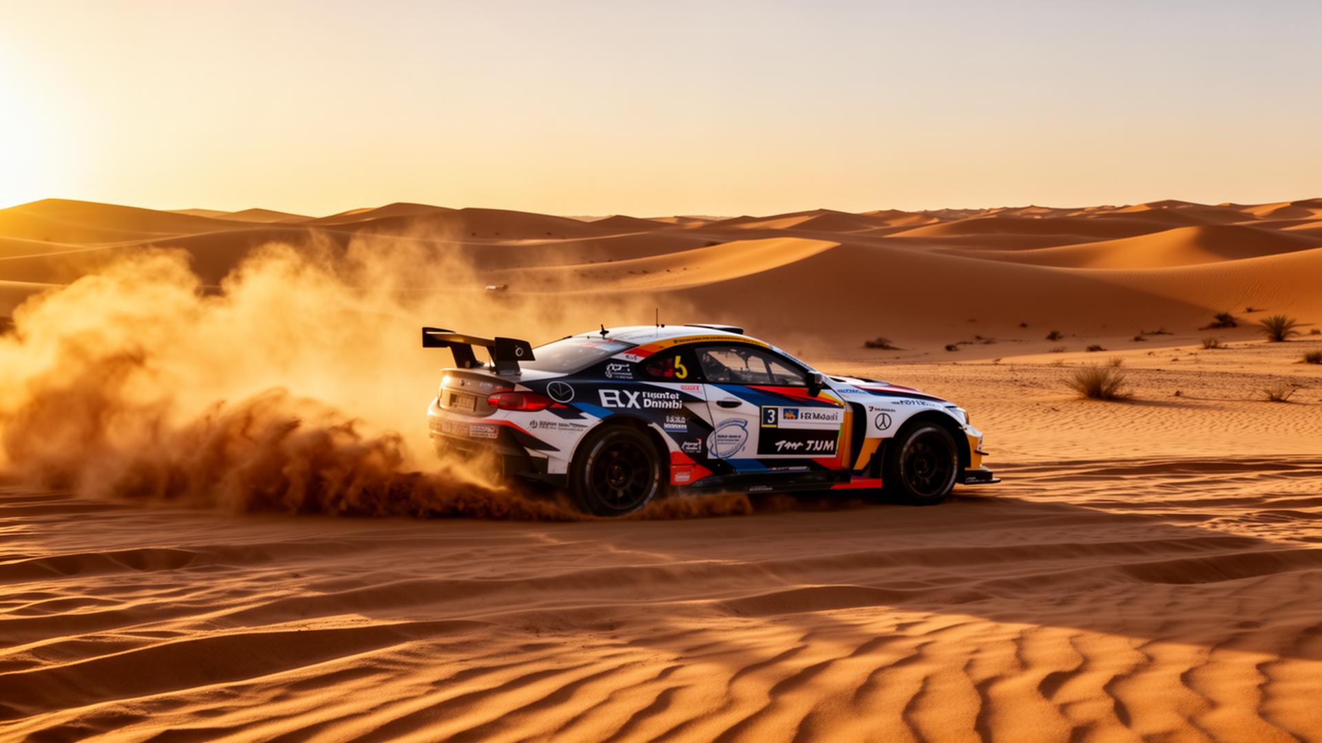 Motorsport rally car in the Abu Dhabi desert